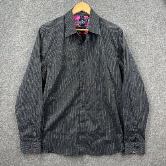David Smith Shirt Mens Extra Large Black Striped Floral Button Up Modern Comfort - Picture 1 of 9